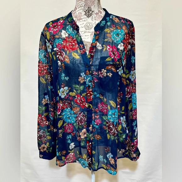 KUT FROM THE KLOTH Navy floral sheer long sleeve top‎ size XL. - Picture 9 of 13